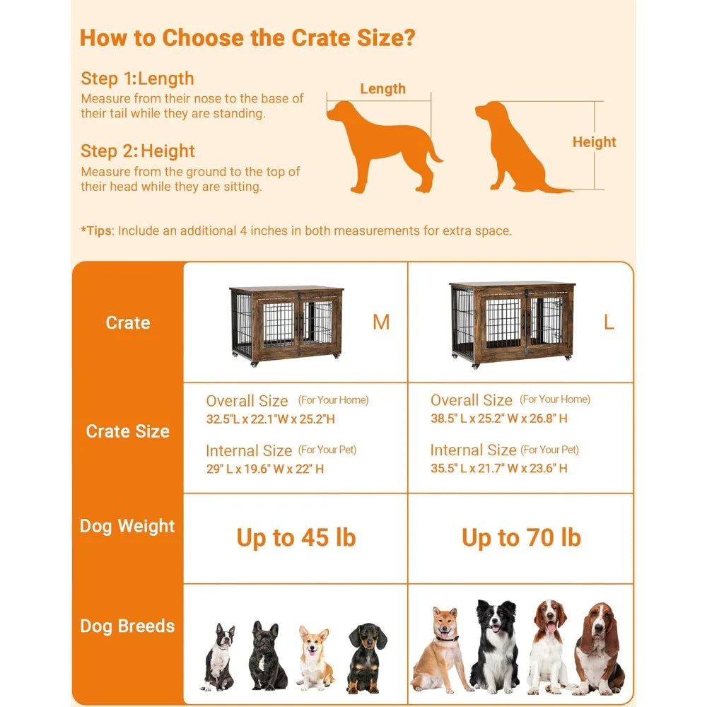 Dog Crate Furniture with Cushion, Wooden Dog Kennel Indoor with Double Doors, Cage with Wheels, Dog House Side End Table for
