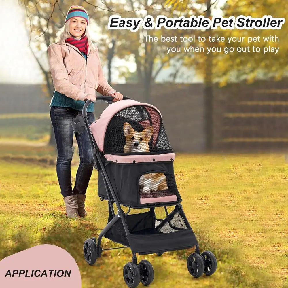 Stroller, 4 Wheels Easy-Fold Pet Cat Stroller for 10-36 lbs Small/Medium Dogs and Cats with Storage Basket & Cup Holder, Breatha