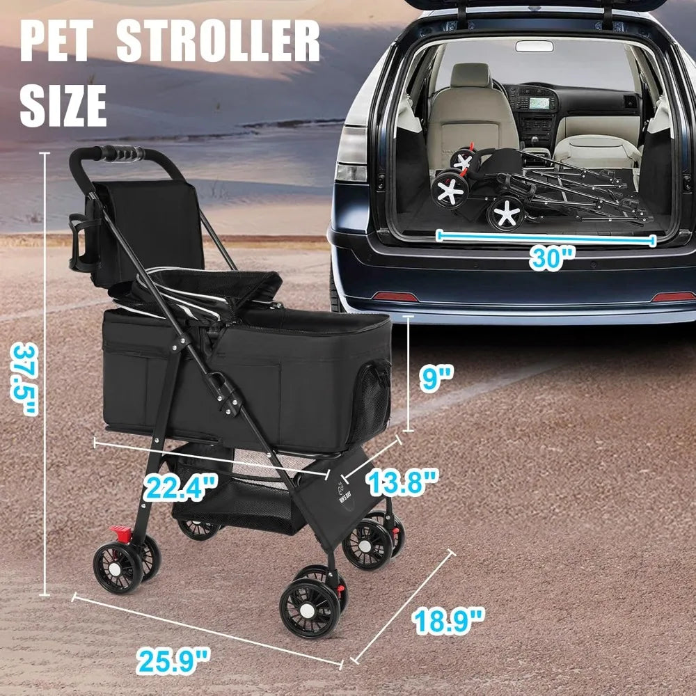 Pet Dog Stroller for Small Medium Dogs 10-50 lbs, Foldable Cat-Strollers for 2-Cats with Removable Carrier, Pet-Strollers