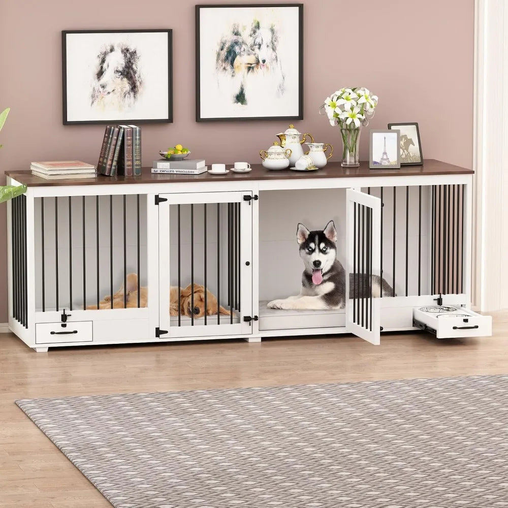 Furniture Style Large Dog Crate for 2 Dogs, 86.6 Heavy Duty Wooden Dog Kennel with Dog Bowl Drawers & Divider, Indoor Furniture