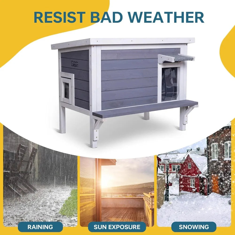 Large Weatherproof Wooden Feral Cat Shelter with Insulation and Escape Door for Outdoor Winter Use