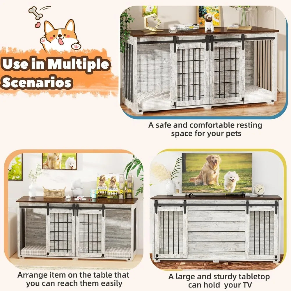 EBE Dog Crate Furniture, 63''Wooden Dog Kennel with Removable Divider and Sliding Door, Dog Crates with Double Rooms, Heavy Duty