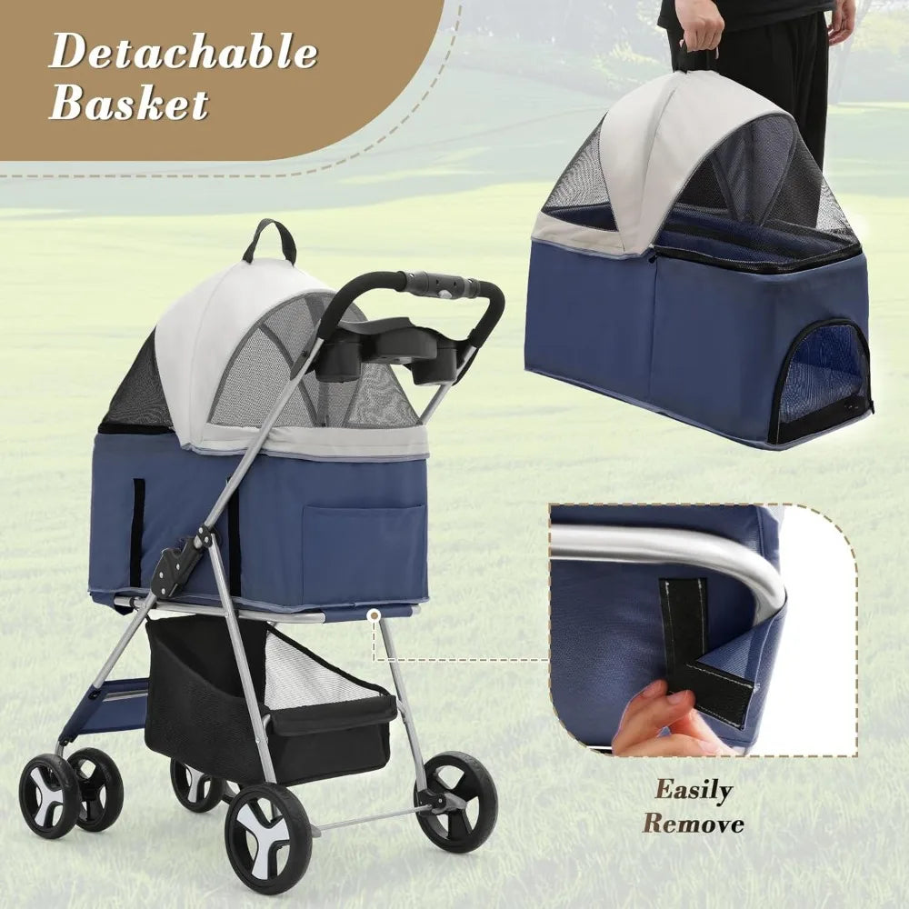 Collection 4-Wheel Pet Stroller for Medium Dogs & Cats - Detachable Carrier, Cup Holder, Bottom Storage - Navy Black
