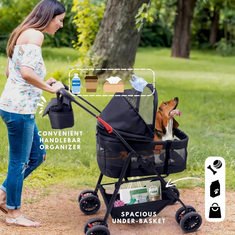 Pet Stroller for Small Dogs Cats with Wheels, Detachable Carrier, Max Load 33 lbs, Easy Folding, Compact Portable, Dog Carriage
