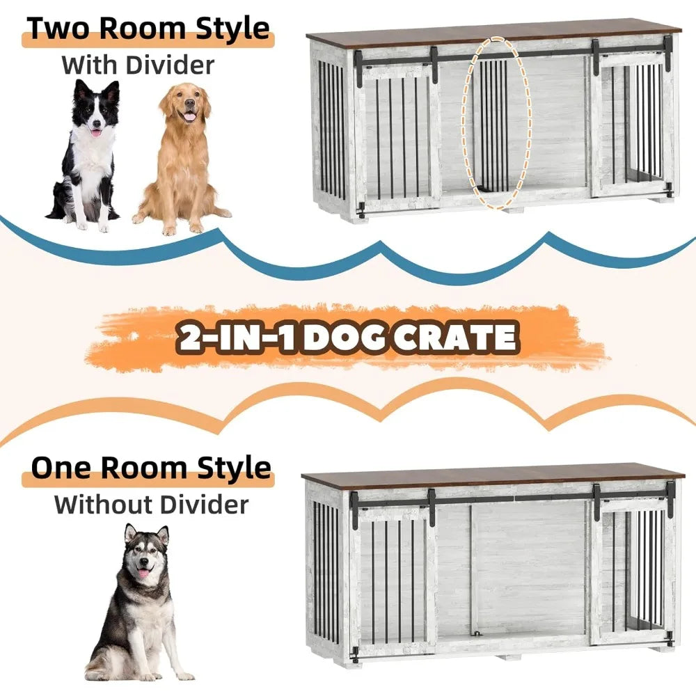 EBE Dog Crate Furniture, 63''Wooden Dog Kennel with Removable Divider and Sliding Door, Dog Crates with Double Rooms, Heavy Duty