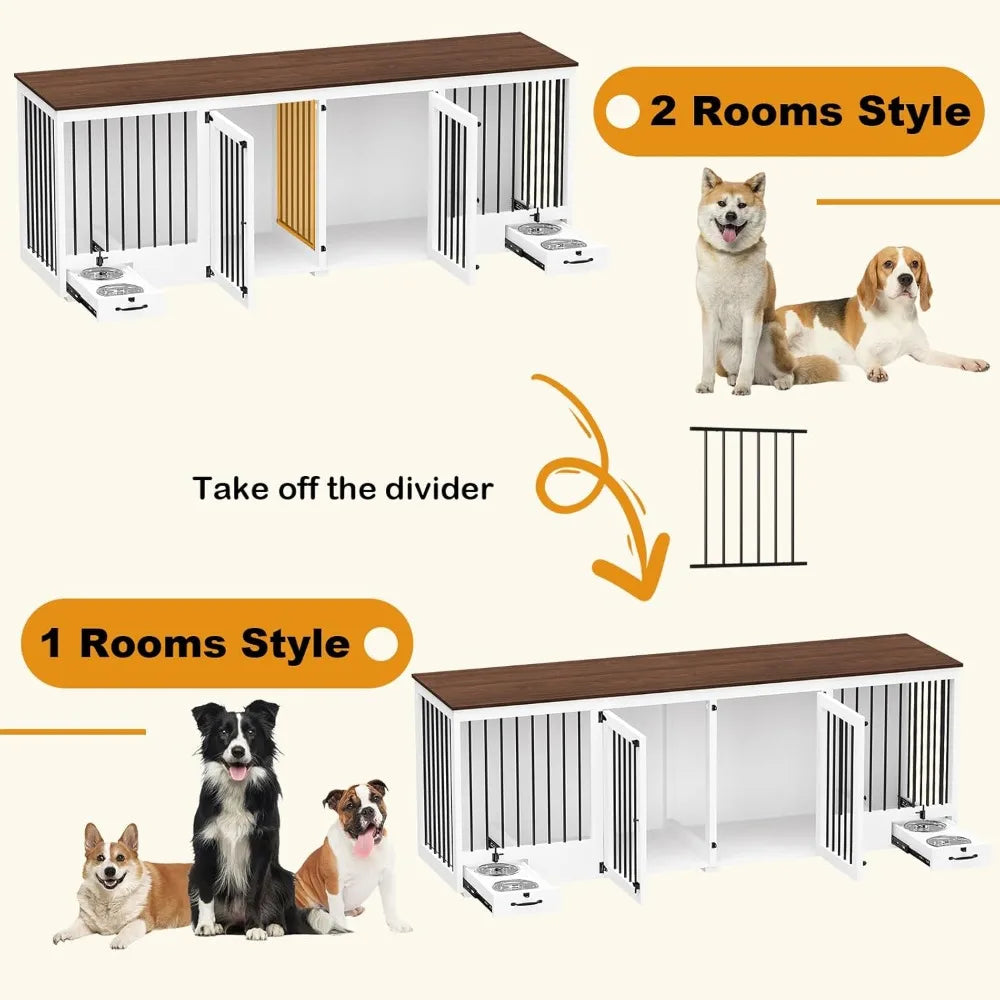 Furniture Style Large Dog Crate for 2 Dogs, 86.6 Heavy Duty Wooden Dog Kennel with Dog Bowl Drawers & Divider, Indoor Furniture