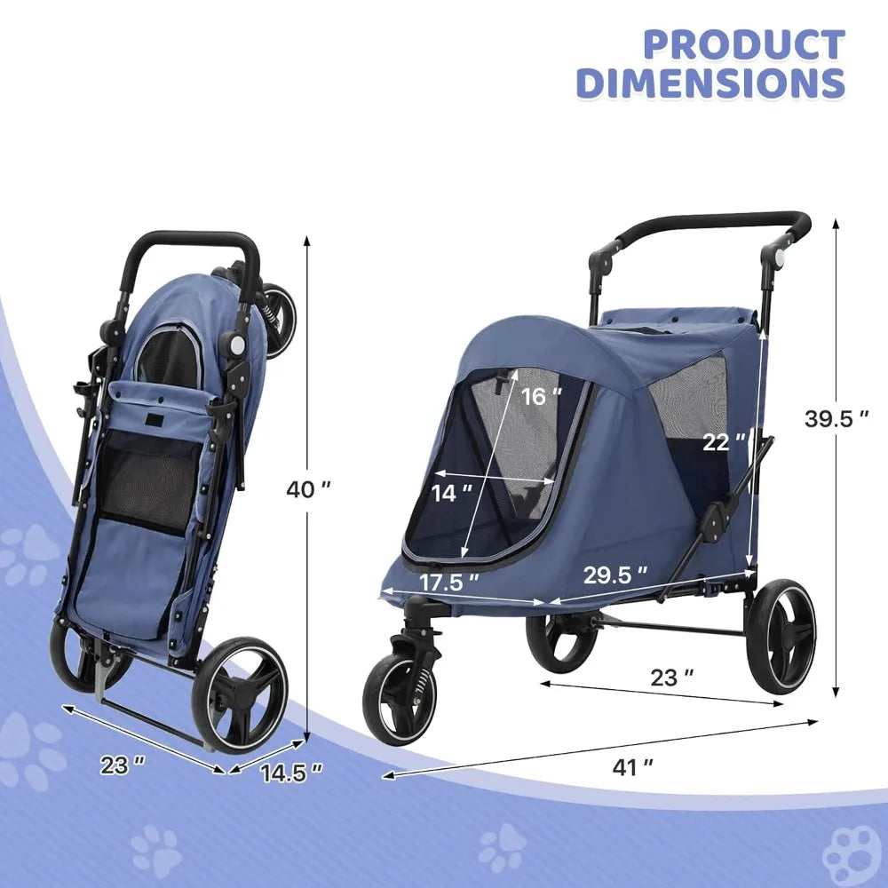 Pet Stroller for Medium Dogs with Adjustable Handle, 3-Wheel Dog Cat Wagon with Dual Entry, Rear Storage, Breathable Mesh