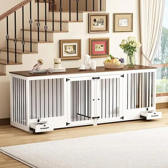 Furniture Style Large Dog Crate for 2 Dogs, 86.6 Heavy Duty Wooden Dog Kennel with Dog Bowl Drawers & Divider, Indoor Furniture