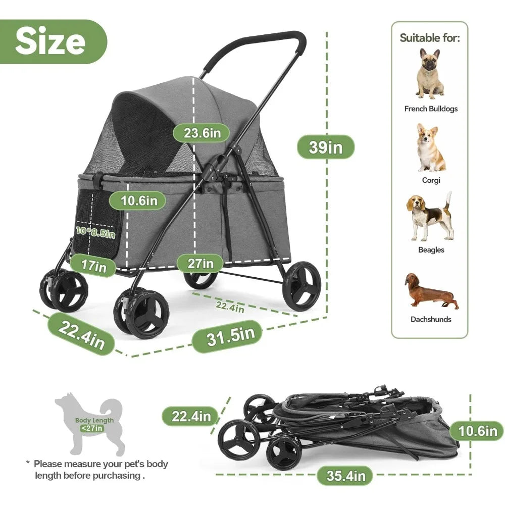 20% Larger Capacity, Dog Stroller for Medium/Small Pets with Dog Poop Bags & Dispenser, Storage Pouch, Zipperless, Entry in