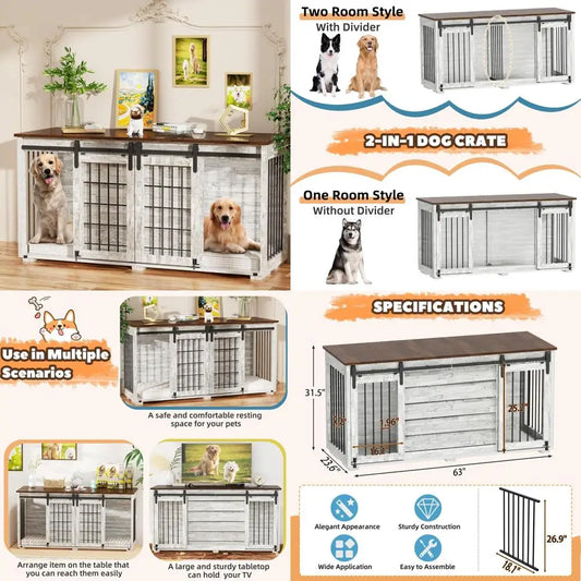 EBE Dog Crate Furniture, 63''Wooden Dog Kennel with Removable Divider and Sliding Door, Dog Crates with Double Rooms, Heavy Duty