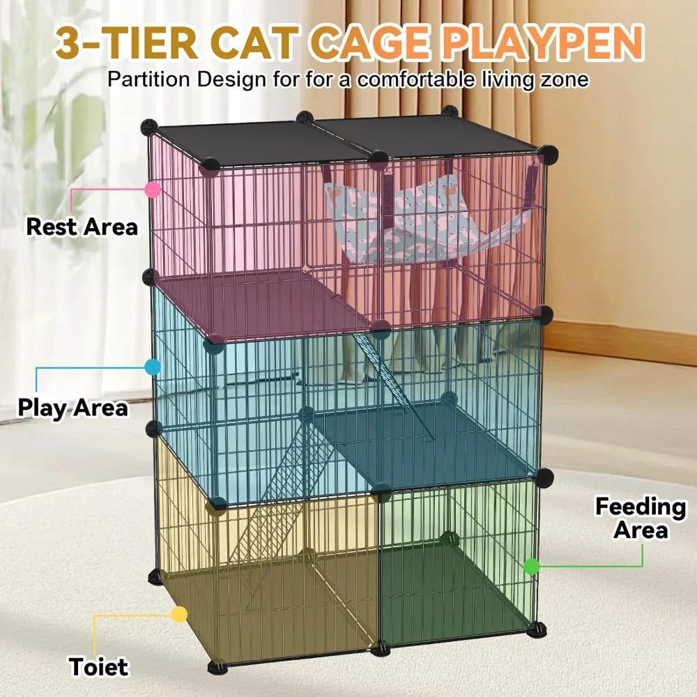 Cat Cage, 3-Tier DIY Catio Cat Enclosures, Cat Playpen Indoor & Outdoor with Hammock, Detachable Metal Wire Kennel Cats Crate, 2