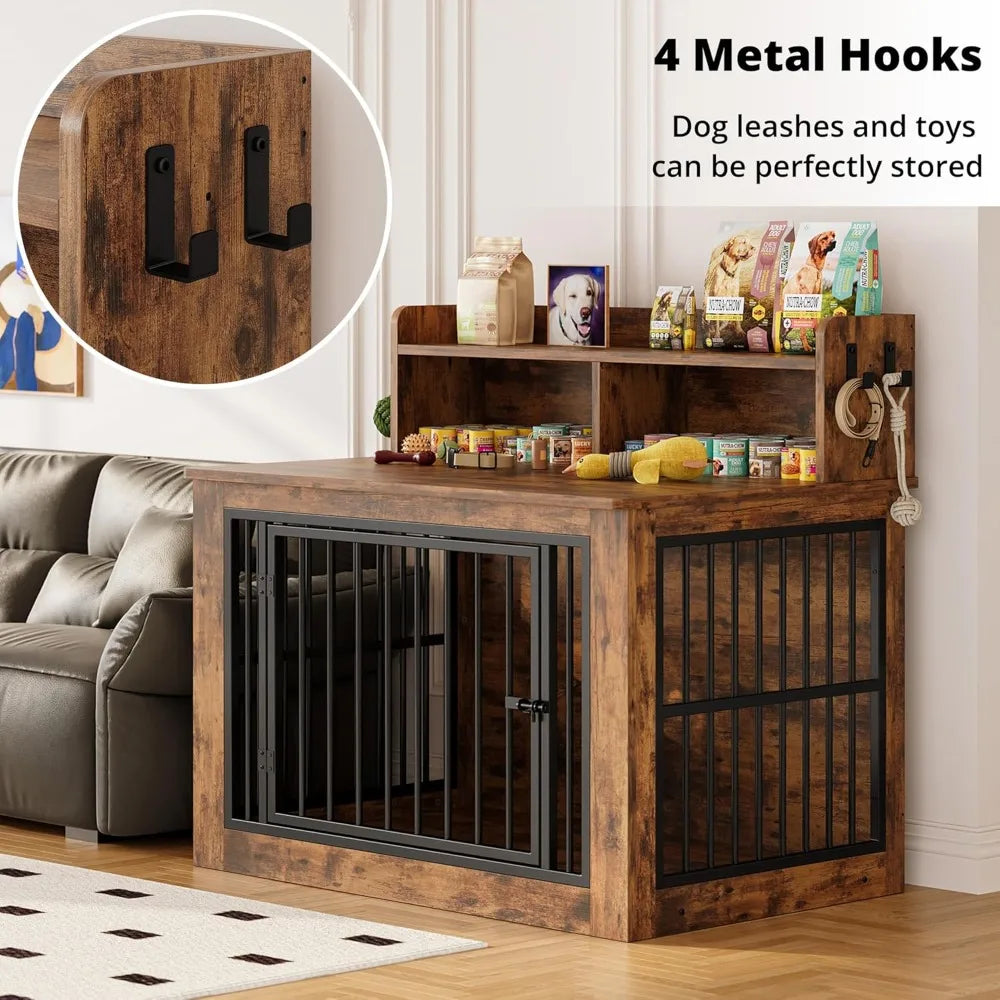 IRONCK Extra Large Dog Crate Furniture, 43.3 inches Wooden Dog Crate with Storage and 4 Hooks, Heavy Duty Pet Crate for Large Do