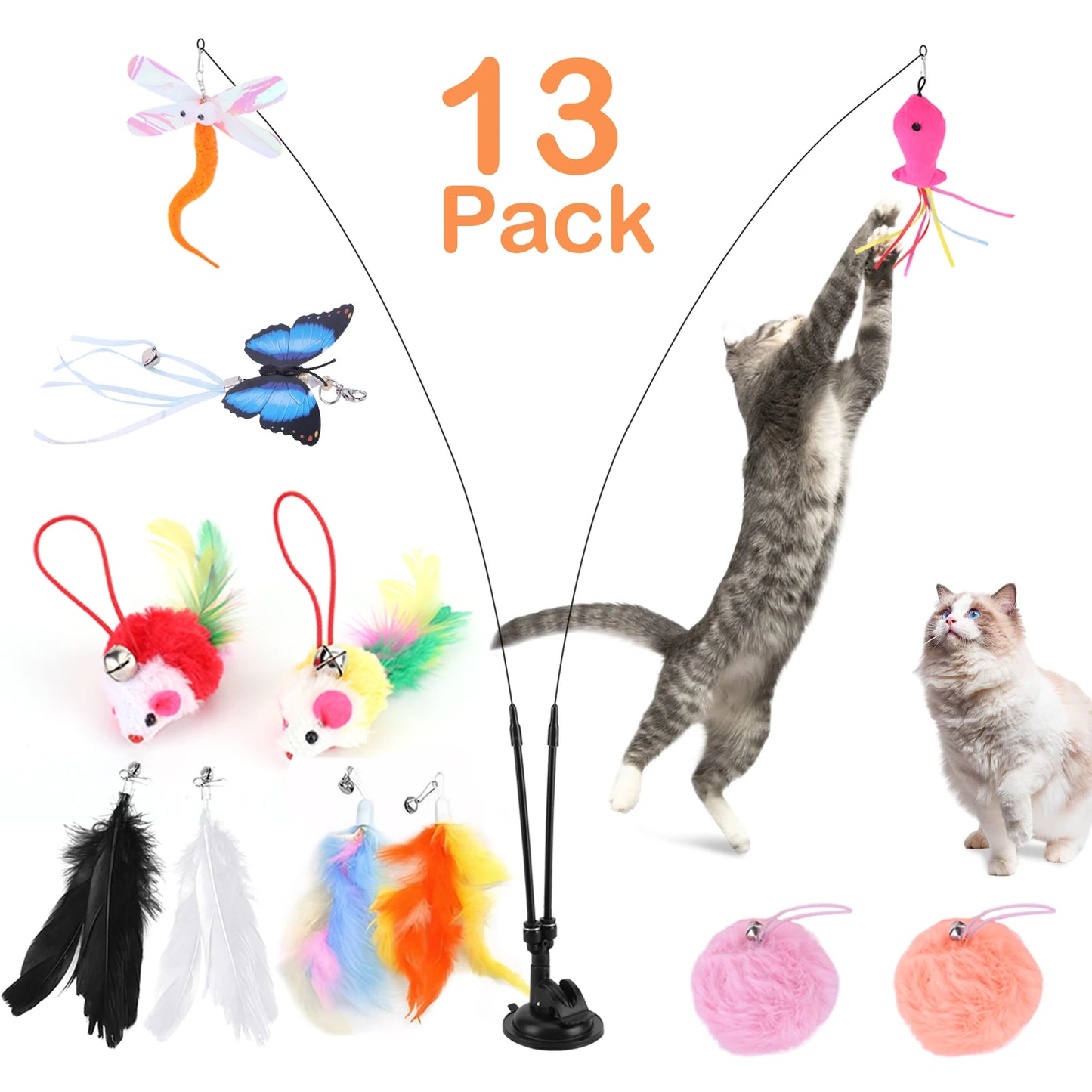 Pet Cat Toy Set Suction Cup Toy Set Double Headed Replacement Head Toy Suit Handfree Cat Toy Stick for Floor Glass Door Panel