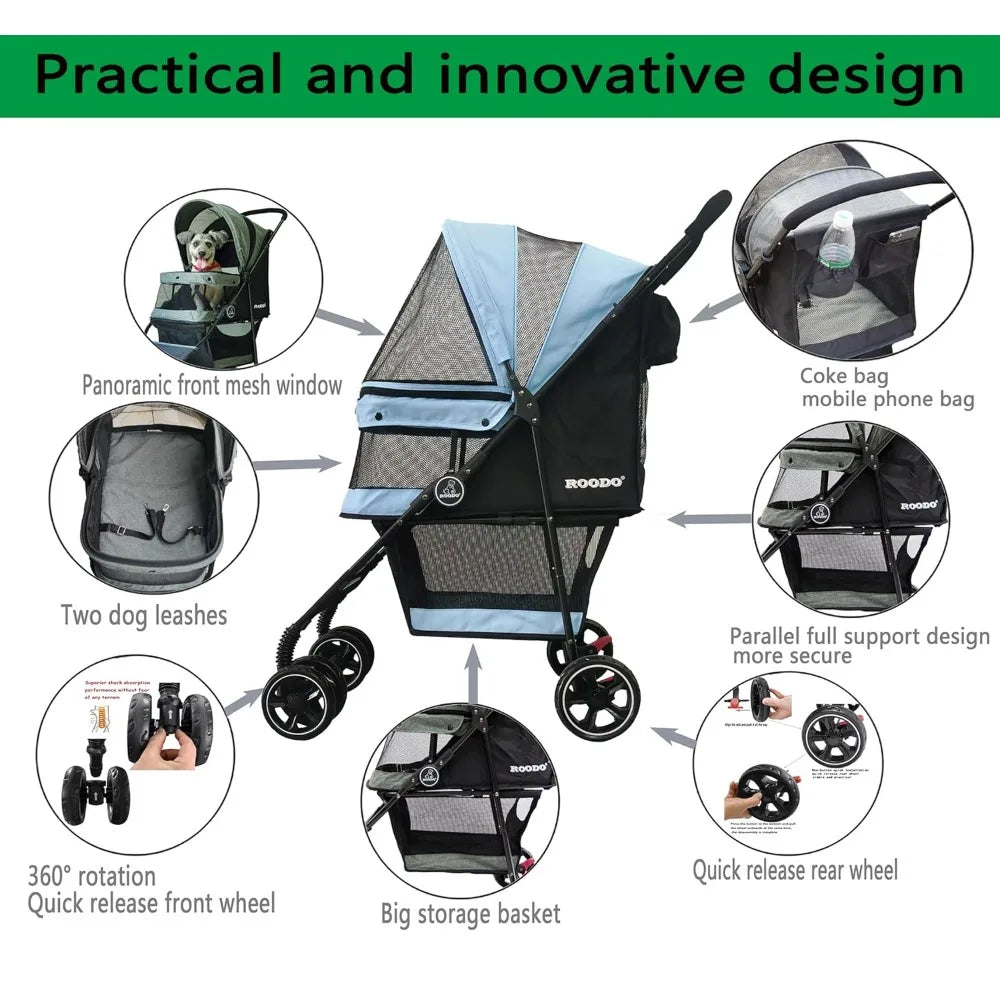 4 Wheel Dog Cat Pet Stroller Best Lightweight Foldable Compact Portable Jogger All Terrain Travel Pet Gear Puppy Doggie