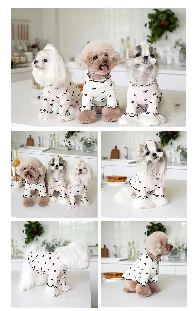 Autumn Winter Pet Undercoat Dog Clothes Cute Heart Print Waffle Home Vest Dog Cat Yorkshire Schnauzer Maltese New Year Christmas