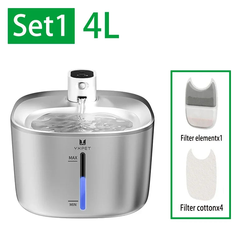 4L Cat Water Fountain Automatic Stainless Steel Dog Water Fountain Wireless Pet Drinker Battery & Sensor 2 in 1 Dispenser