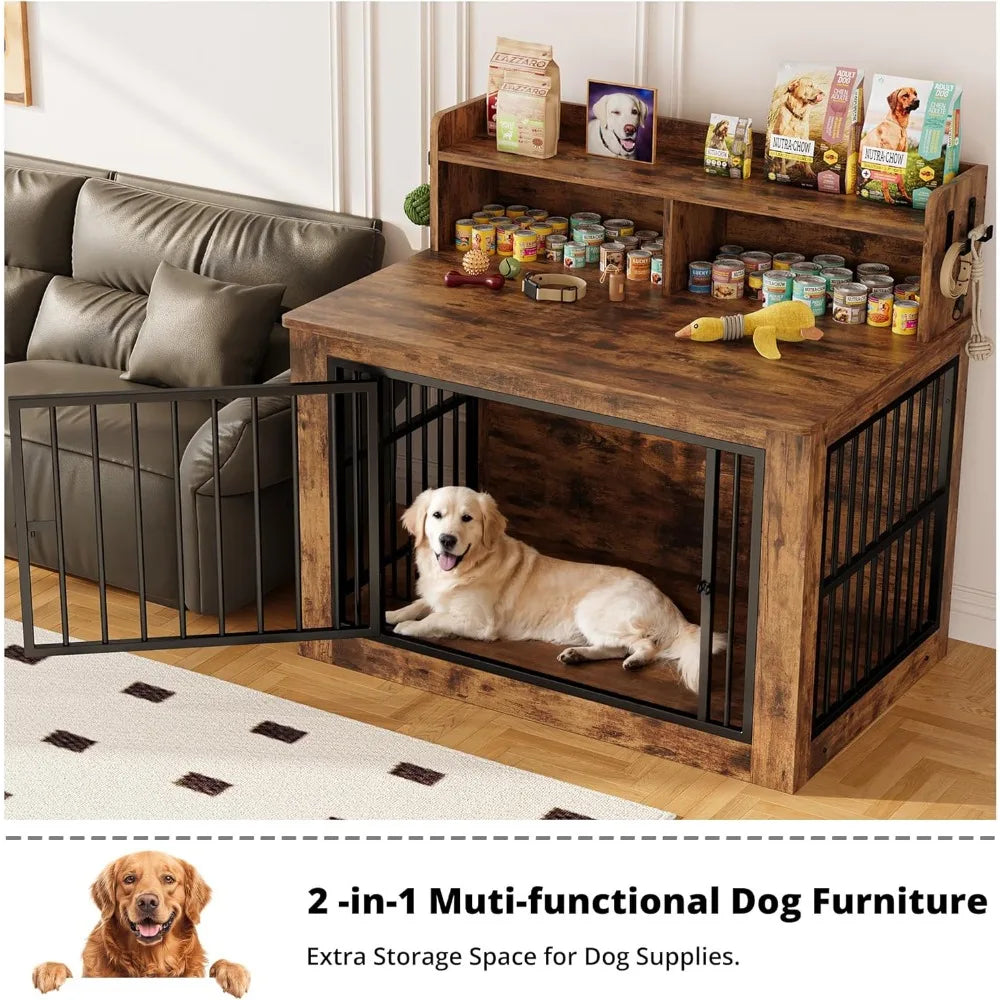 IRONCK Extra Large Dog Crate Furniture, 43.3 inches Wooden Dog Crate with Storage and 4 Hooks, Heavy Duty Pet Crate for Large Do