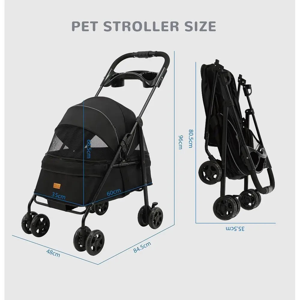 4 Wheels Pet Stroller, One-Click Folding, Portable Folding Dog Cat Stroller, Sunshade, Storage Bag, Waterproof Oxford Fiber, Bre