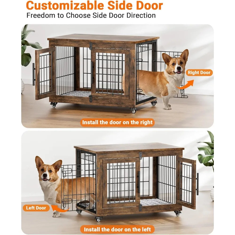 Dog Crate Furniture with Cushion, Wooden Dog Kennel Indoor with Double Doors, Cage with Wheels, Dog House Side End Table for