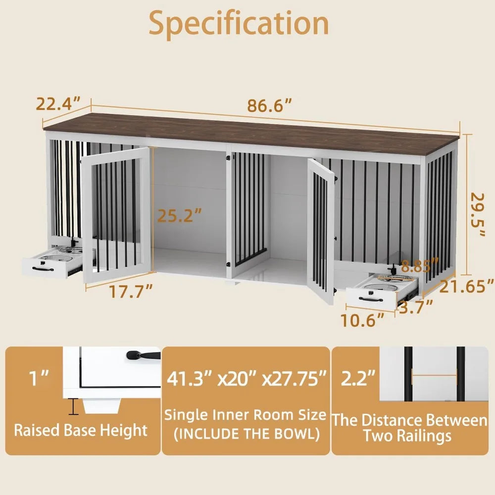 Furniture Style Large Dog Crate for 2 Dogs, 86.6 Heavy Duty Wooden Dog Kennel with Dog Bowl Drawers & Divider, Indoor Furniture