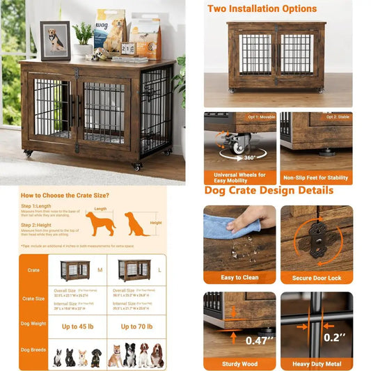 Dog Crate Furniture with Cushion, Wooden Dog Kennel Indoor with Double Doors, Cage with Wheels, Dog House Side End Table for