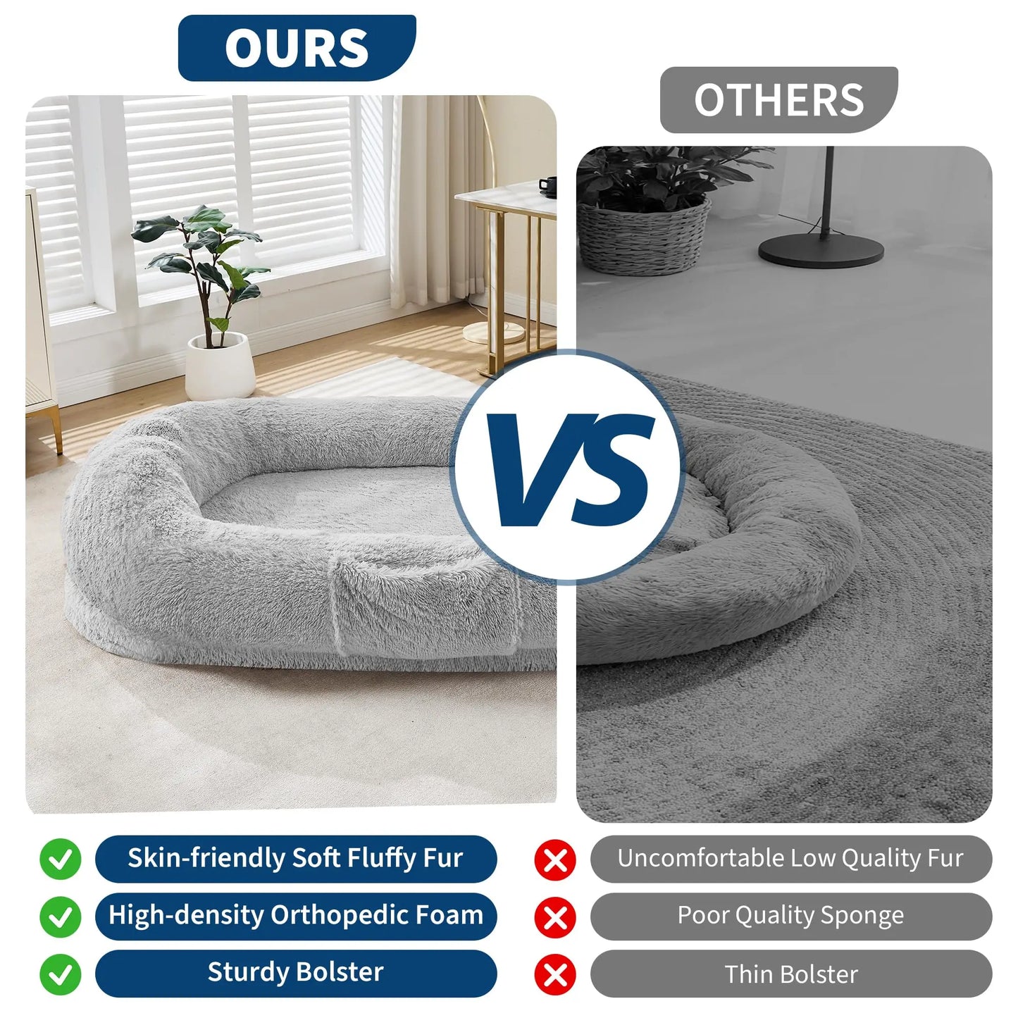 Oversized Human & Pet Shared Bed Plush Fleece Cozy Nest With Elevated Headrest Waterproof Lining Non-Slip Bottom Orthopedic Bed