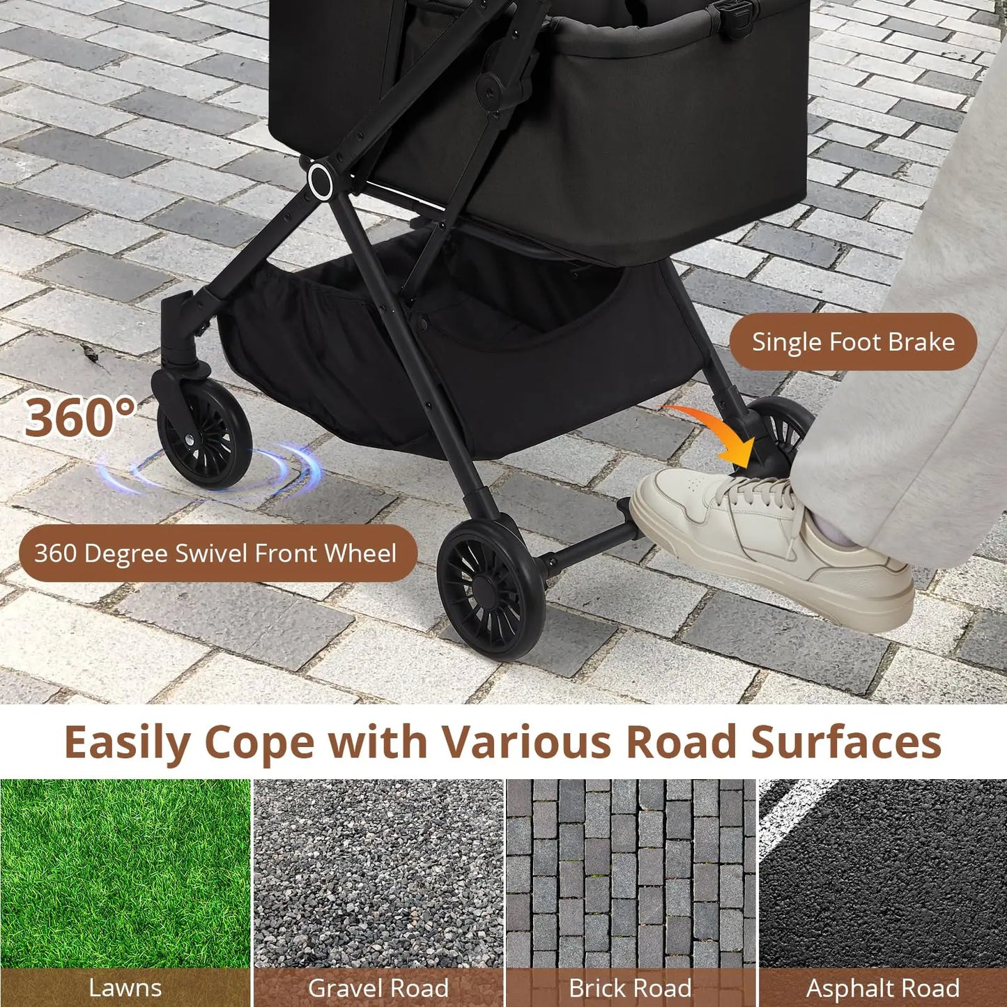 4-Wheel Lightweight Dog Stroller Foldable For Cats Dogs Up to 50 Lbs 360° Swivel Wheels & Foot Brake Weatherproof Pet Stroller