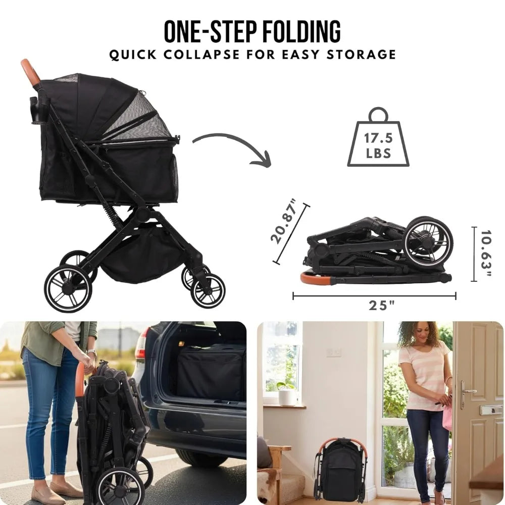 Stroller for Small Medium Dogs Cats Up to 45 lbs, Travel Lite Collapsible, All Terrain 4 Wheels for Jogging, Running, Grey