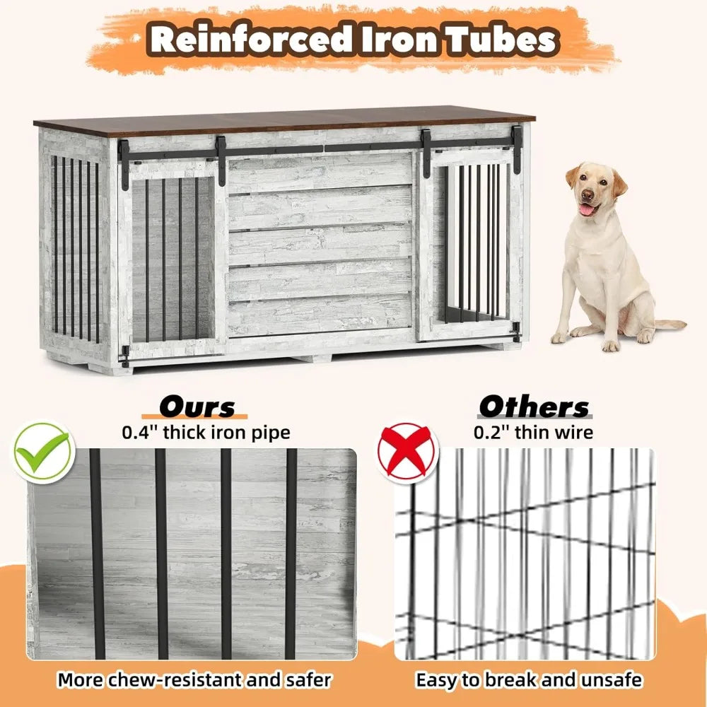 EBE Dog Crate Furniture, 63''Wooden Dog Kennel with Removable Divider and Sliding Door, Dog Crates with Double Rooms, Heavy Duty