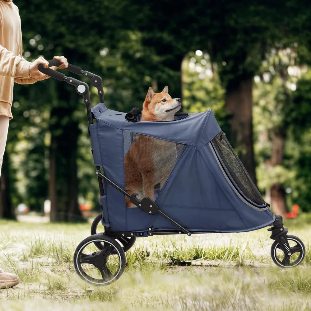 Pet Stroller for Medium Dogs with Adjustable Handle, 3-Wheel Dog Cat Wagon with Dual Entry, Rear Storage, Breathable Mesh
