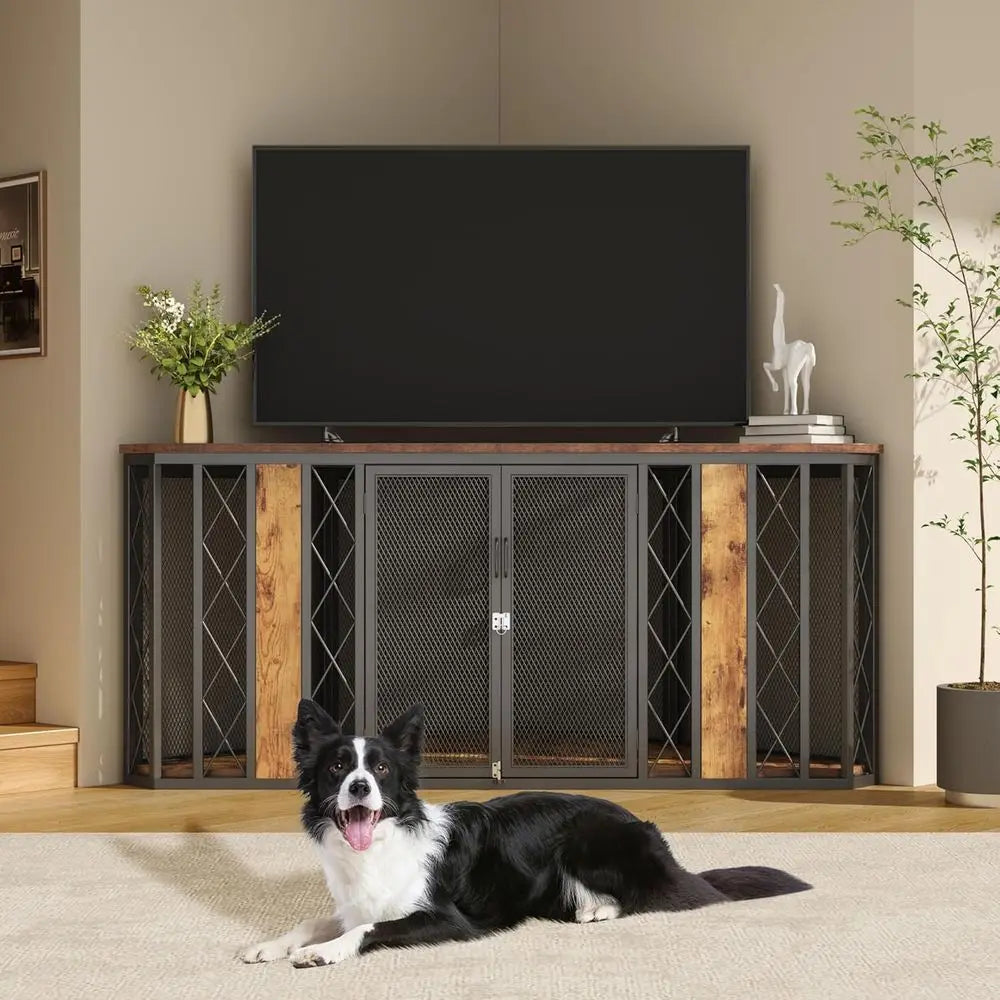 67" Corner Wooden Dog Crate Furniture with Diamond Metal Decoration, Pet Kennel for Small, Medium and Large Dogs, Space-Saving D