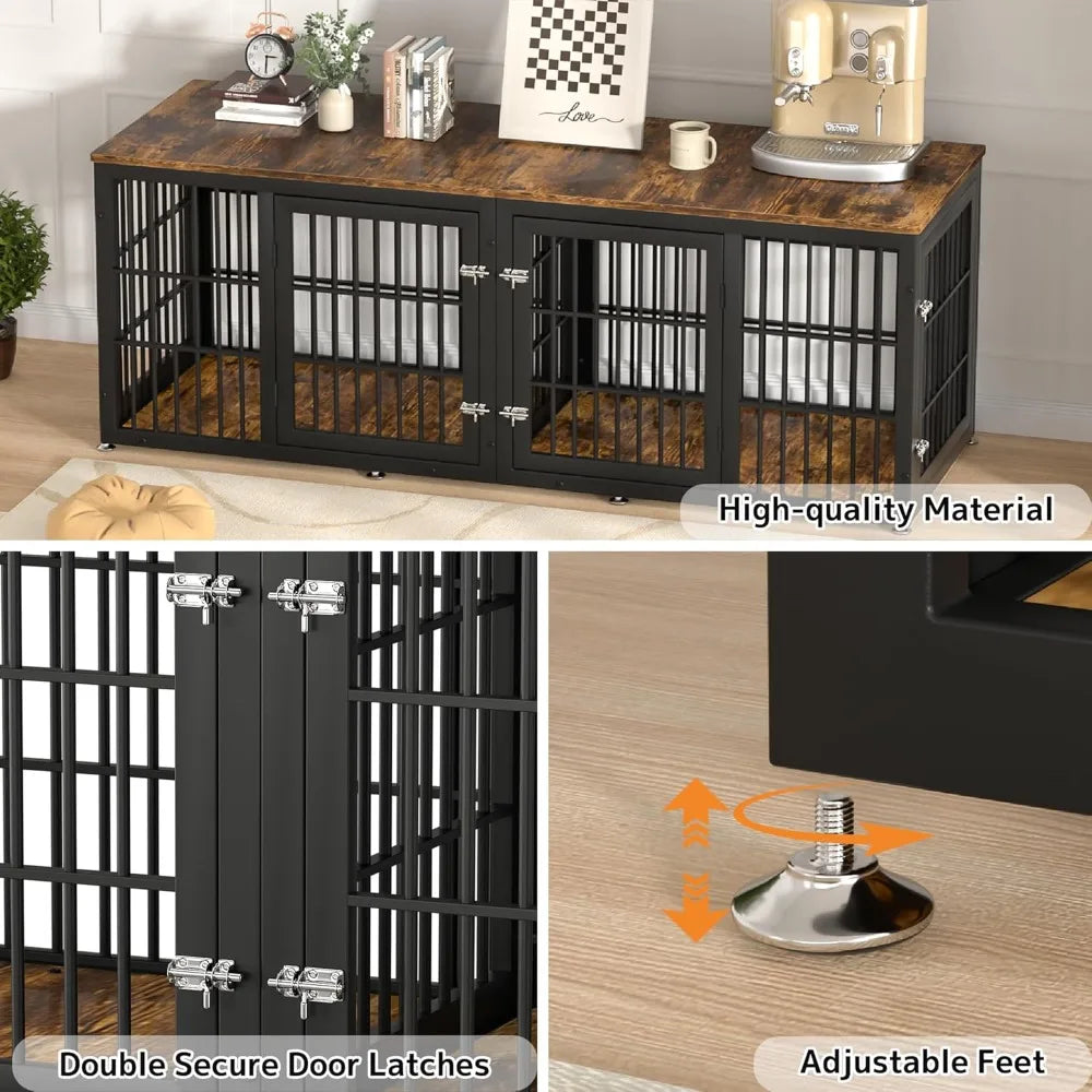 78 Inch Double Dog Crate Furniture, Heavy Duty Extra Large Cage Furniture with Divider for 2 Dogs, Decorative Wooden Kennel Furn