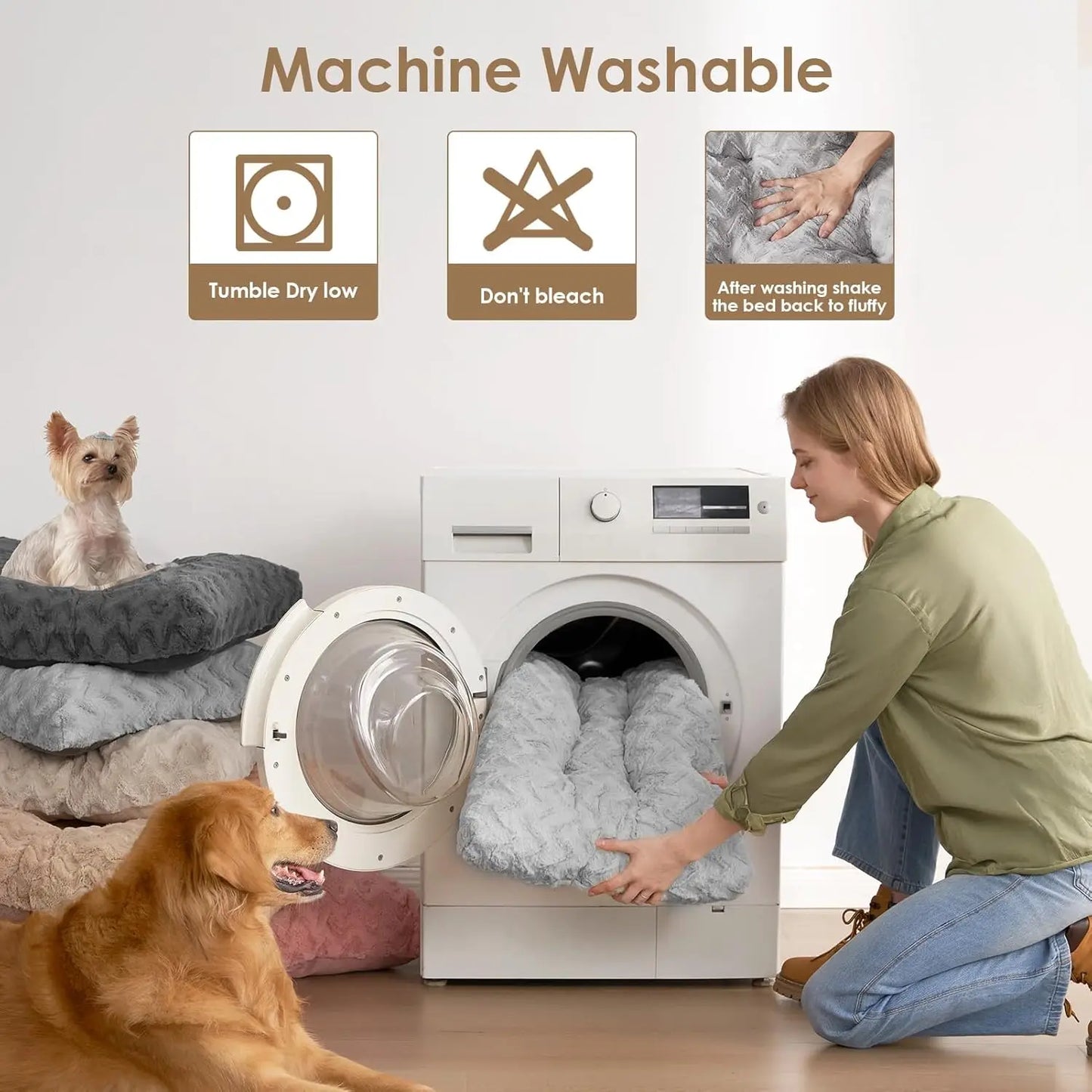 Washable XL Dog Crate Bed, Reversible Plush Faux Fur Mat, 41' x 27' x 4', Grey