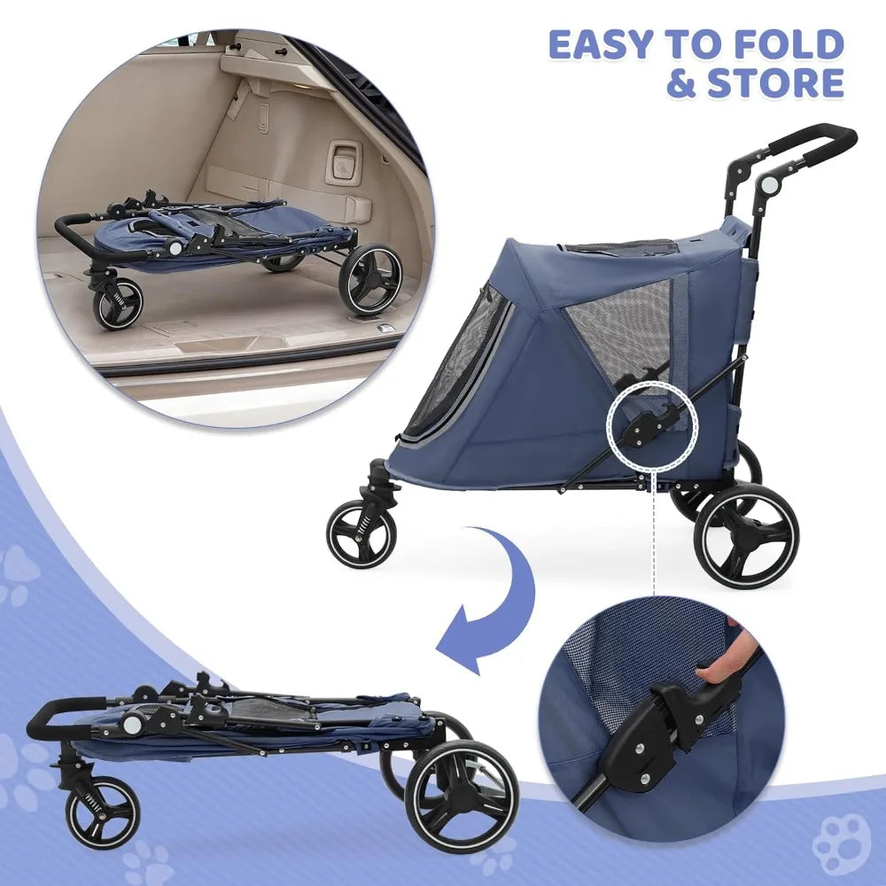 Pet Stroller for Medium Dogs with Adjustable Handle, 3-Wheel Dog Cat Wagon with Dual Entry, Rear Storage, Breathable Mesh