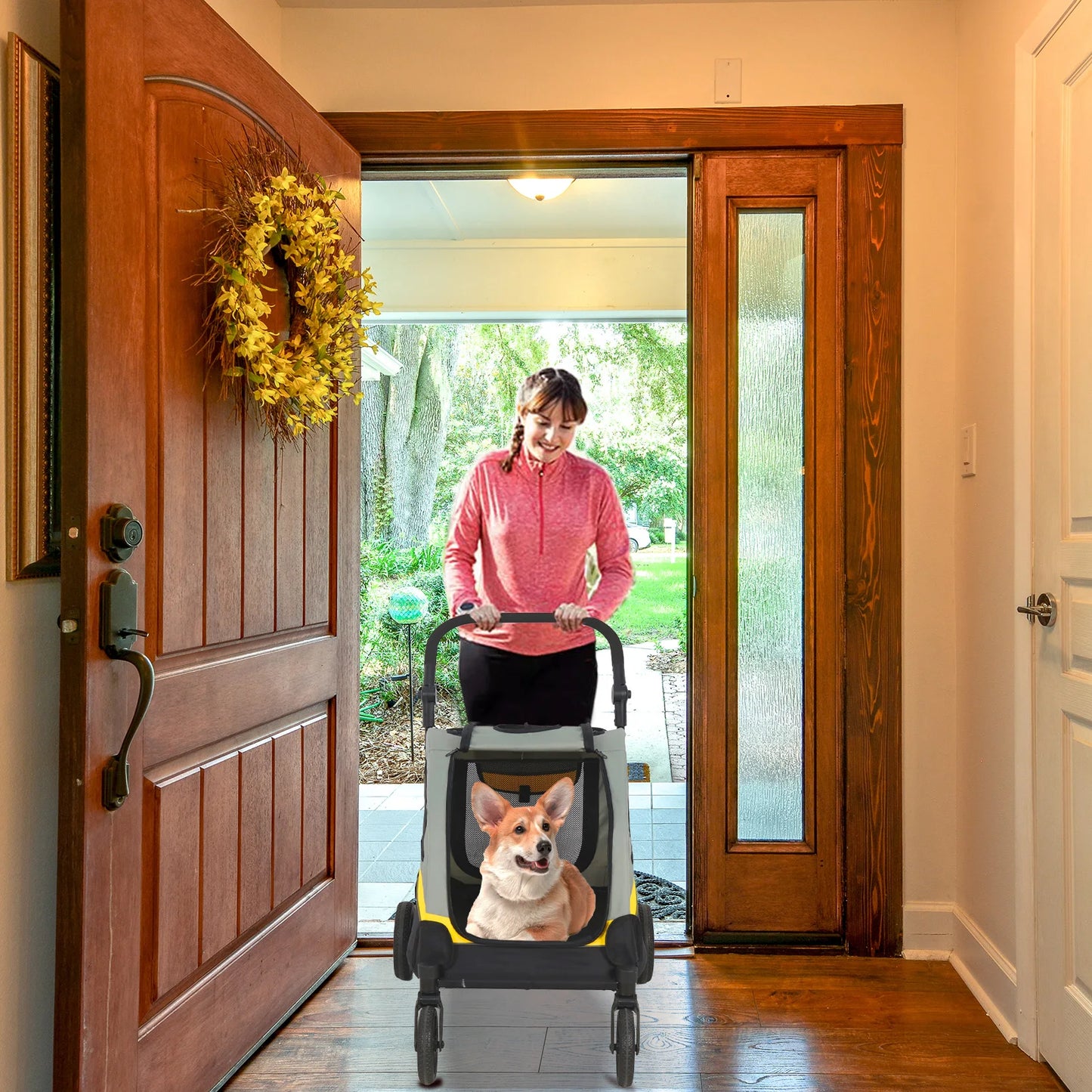 Portable Outdoor Small Dog & Cat Travel Stroller Folding Jogger Wagon Carrier with Adjustable Handle and Safety Leash