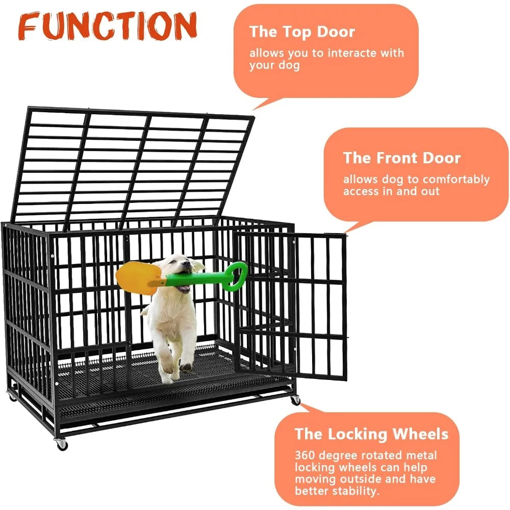 Sturdy 48/38 Inch Dog Crate with Lockable Wheels and High Anxiety Security for Large Breeds