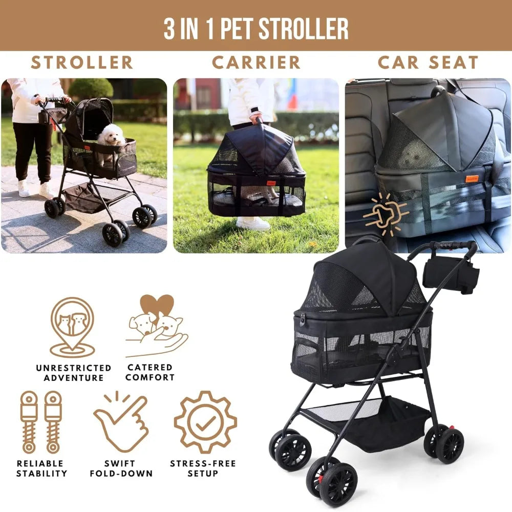 Pet Stroller for Small Dogs Cats with Wheels, Detachable Carrier, Max Load 33 lbs, Easy Folding, Compact Portable, Dog Carriage