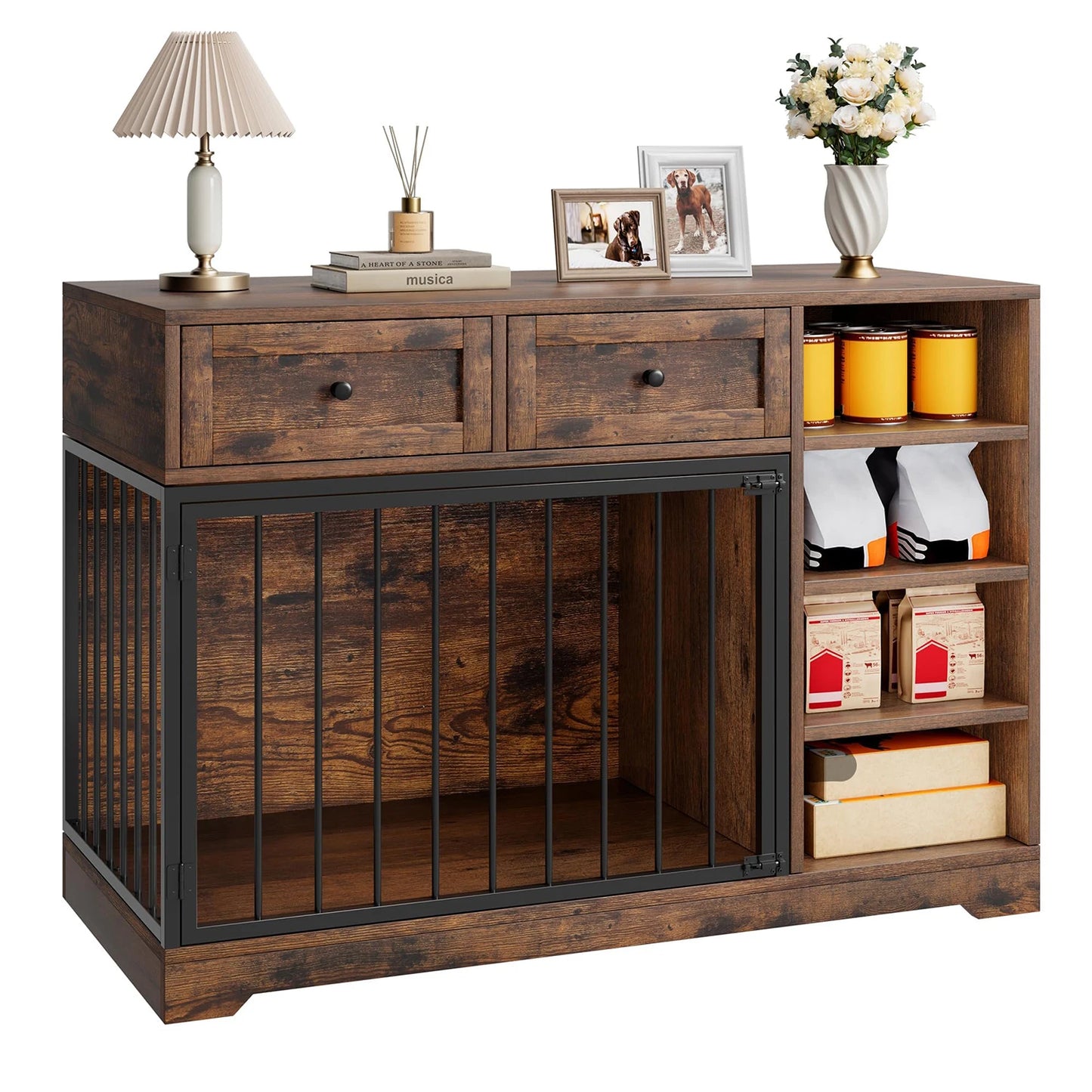 47" Large Dog Crate Furniture TV Stand Vintage Wooden Kennel For Medium Large Dogs Indoor Dog Cage With 2 Drawers & 4 Shelves
