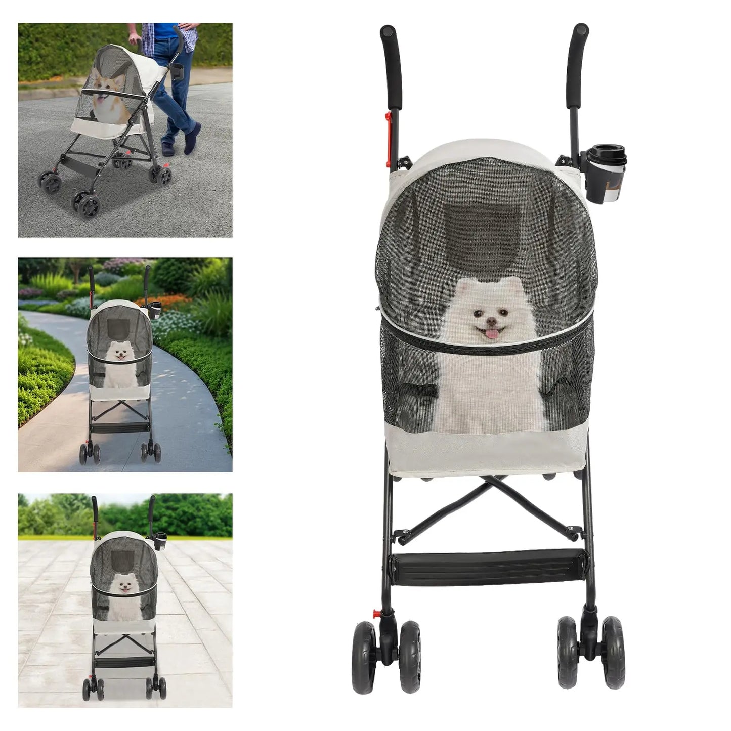 Foldable Pet Stroller for Cats and Dogs, 4 Wheels Portable Travel Cart Carrier with Safety Rope & Food Tray, Lightweight & Portable & Du