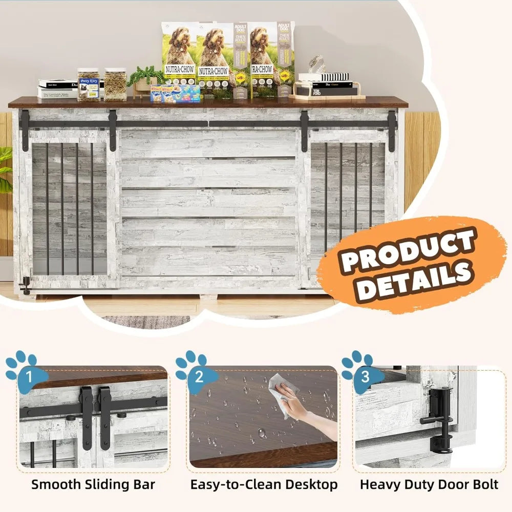 EBE Dog Crate Furniture, 63''Wooden Dog Kennel with Removable Divider and Sliding Door, Dog Crates with Double Rooms, Heavy Duty