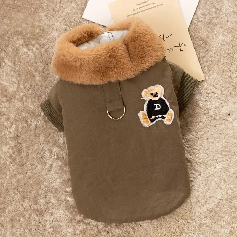 Winter Dog Clothes Luxury Bear Print Fur Collar Windproof Jacket Chihuahua Yorkies Warm Coat Puppy Outfit Clothing Pet Costume