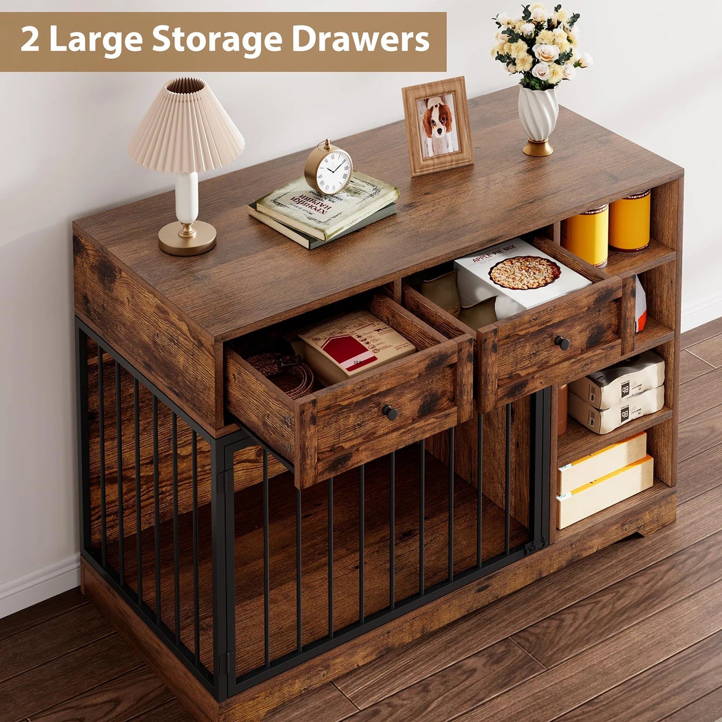 47" Large Dog Crate Furniture TV Stand Vintage Wooden Kennel For Medium Large Dogs Indoor Dog Cage With 2 Drawers & 4 Shelves