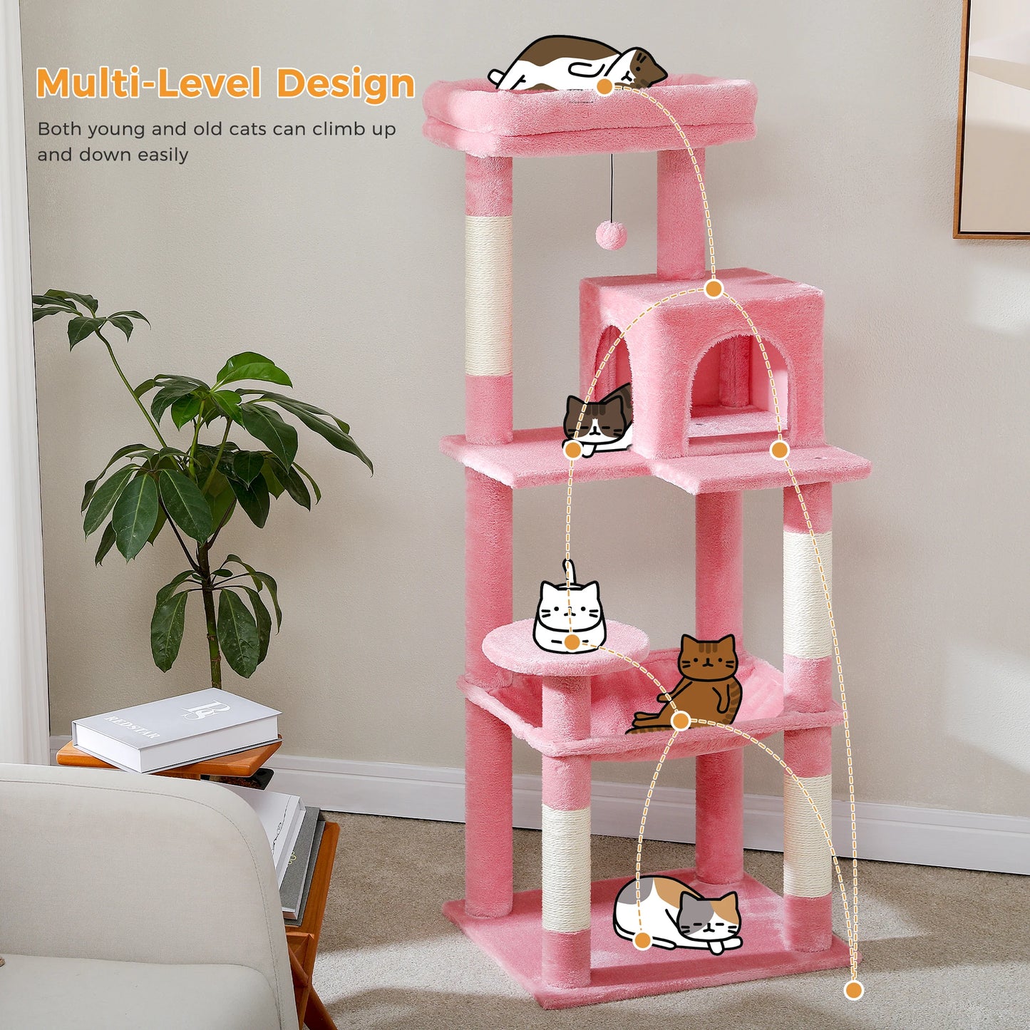 Cat Tree for Indoor Cats Multi-Level Cat Tower with Large Hammock Sisal Covered Scratching Posts Cozy Condo and Top Perch Pink