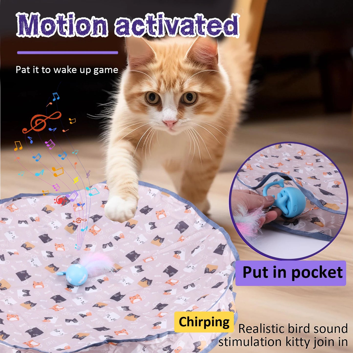 Motion Activate Chirping Cat Toy Ball Fast Rolling in Pouch Automated Cat Hunting Toy for Pet Hide and Seek Game Accessories