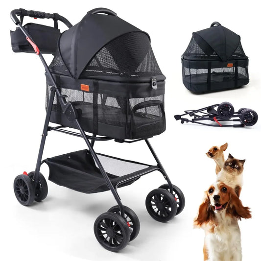 Pet Stroller for Small Dogs Cats with Wheels, Detachable Carrier, Max Load 33 lbs, Easy Folding, Compact Portable, Dog Carriage