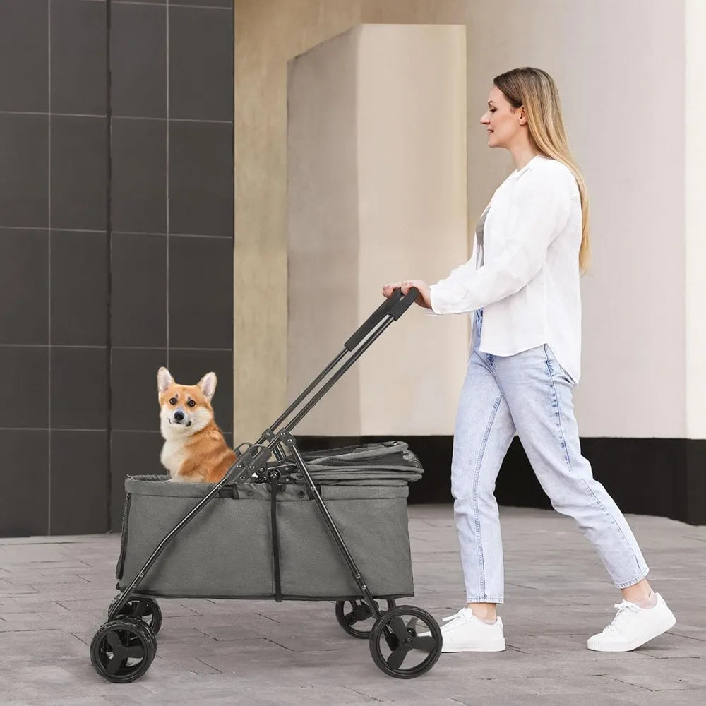 20% Larger Capacity, Dog Stroller for Medium/Small Pets with Dog Poop Bags & Dispenser, Storage Pouch, Zipperless, Entry in