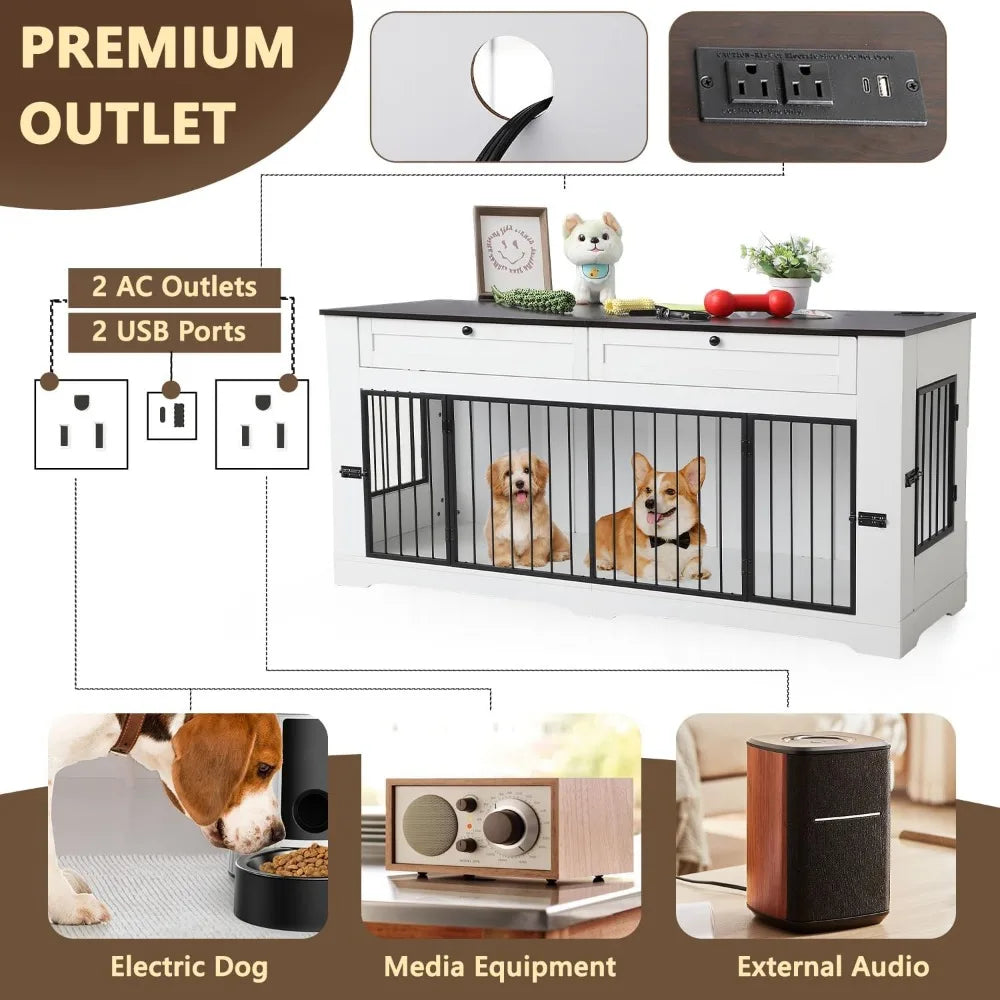 Large Dog Crate Furniture-Decorative Heavy Duty Dog Cage Indoor, Wooden Dog Cage End Table with Charging Station