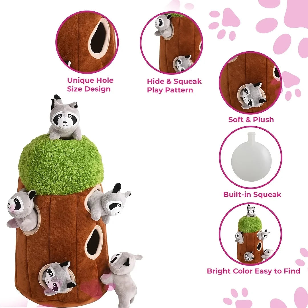1pc Raccoon In Tree Design Pet Grinding Teeth Squeaky Plush Toy, Chewing Toy for Dog Interactive Supply, Hide And Seek, Suitable