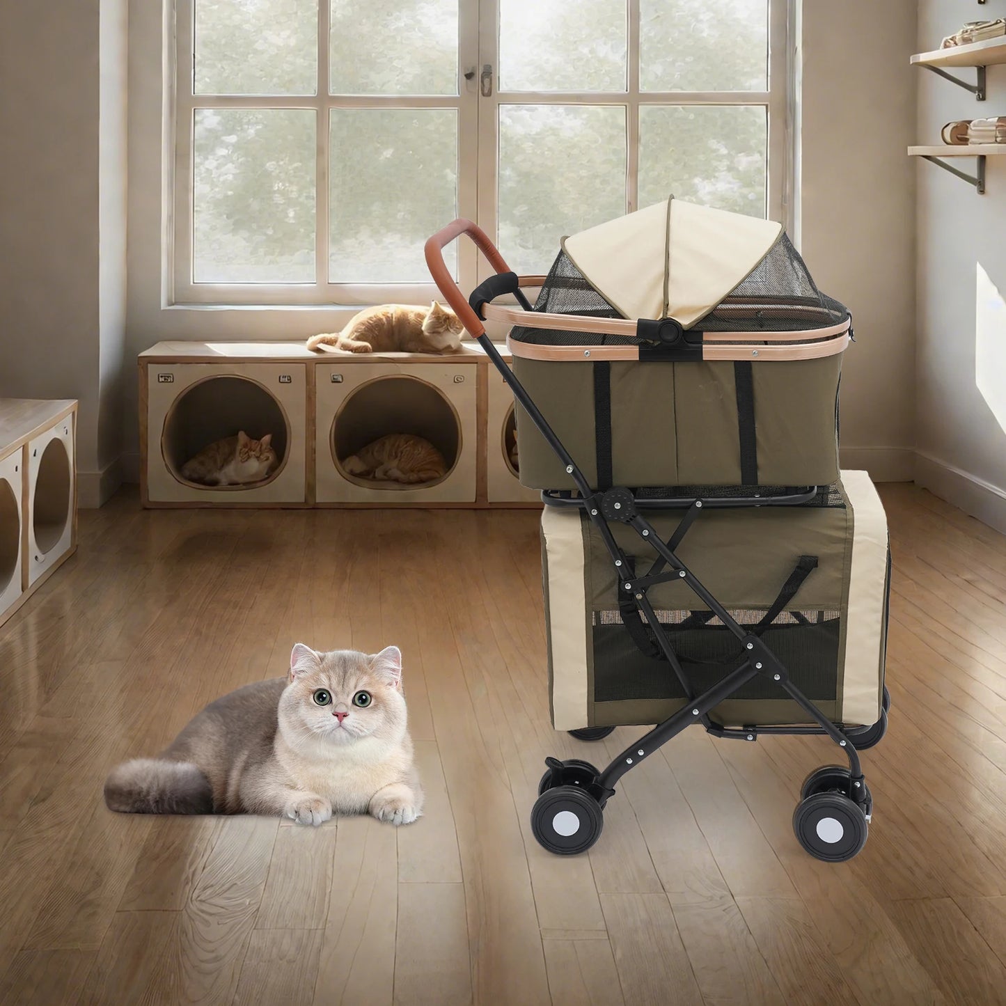 Double Decker Pet Stroller for 2 Cats or Small Dogs, 77lbs Capacity, Detachable Pet Carrier with Breathable Mesh and Soft Pad