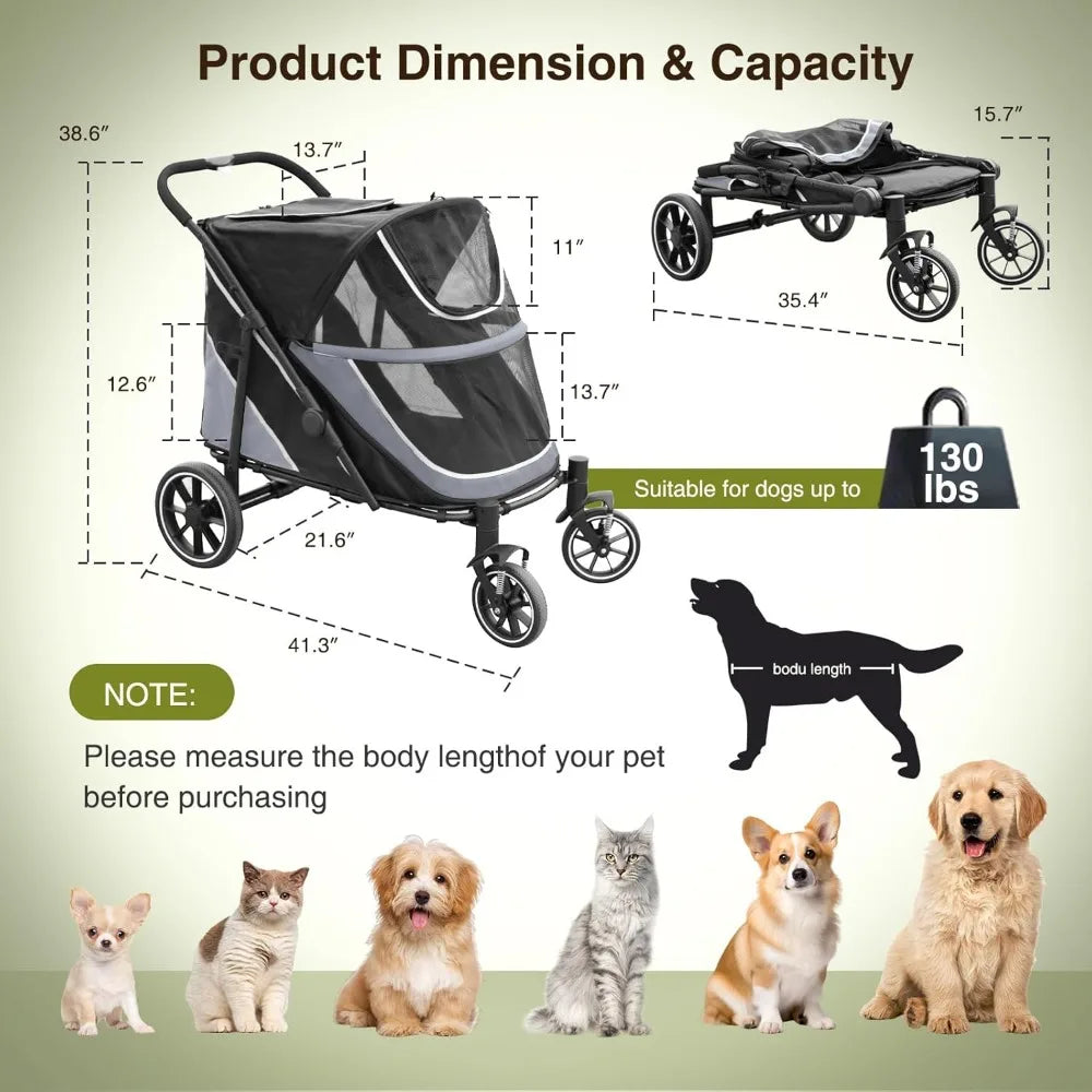 Stroller for Medium/Large Dogs One-Click Folding, Extra Large Pet Stroller for 2 Dogs with Storage Pocket & Shock Absorption